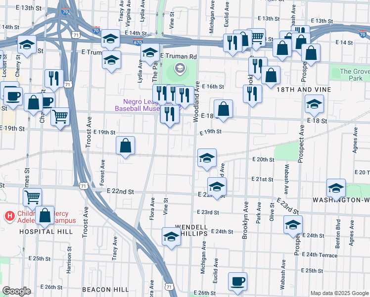 map of restaurants, bars, coffee shops, grocery stores, and more near 1930 Woodland Avenue in Kansas City