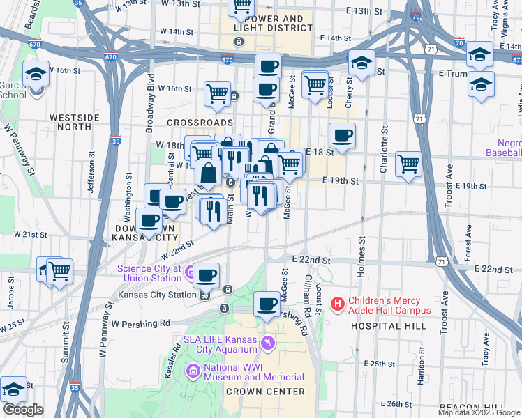 map of restaurants, bars, coffee shops, grocery stores, and more near 2010 Walnut Street in Kansas City