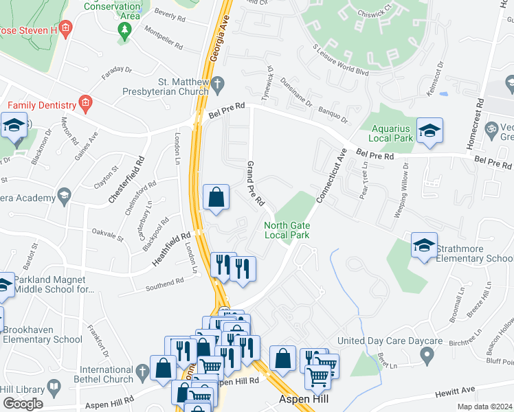 map of restaurants, bars, coffee shops, grocery stores, and more near 14202 Grand Pre Road in Aspen Hill