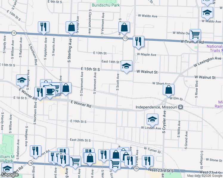 map of restaurants, bars, coffee shops, grocery stores, and more near 1621 South Norwood Avenue in Independence