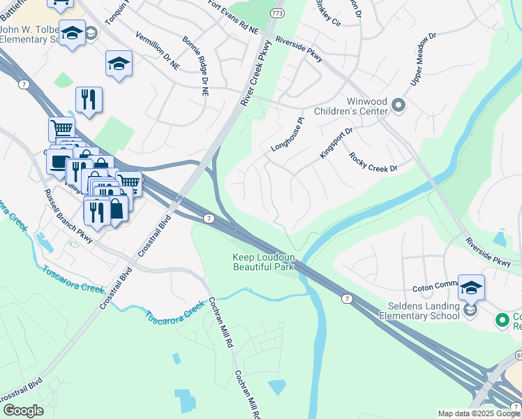 map of restaurants, bars, coffee shops, grocery stores, and more near 19025 Snowberry Court in Leesburg