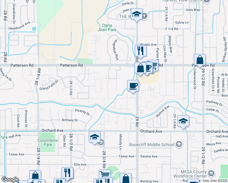 map of restaurants, bars, coffee shops, grocery stores, and more near 575 Belhaven Way in Grand Junction
