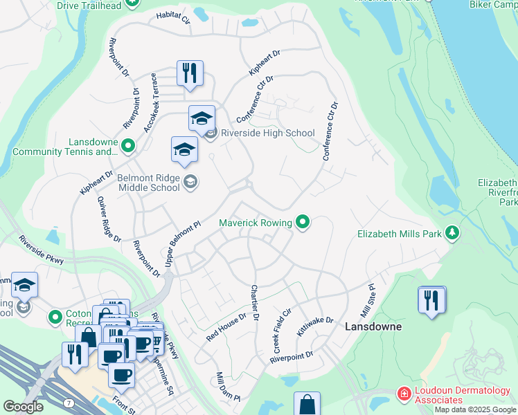 map of restaurants, bars, coffee shops, grocery stores, and more near 43734 Lees Mill Square in Leesburg