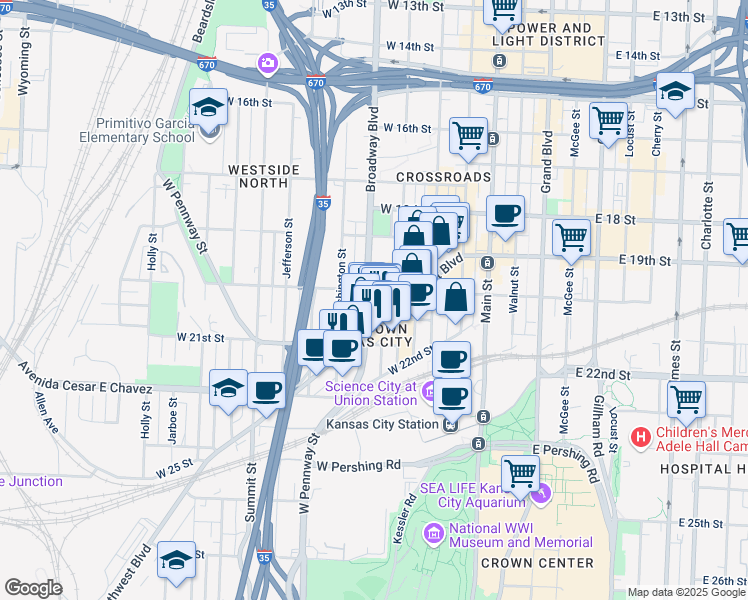 map of restaurants, bars, coffee shops, grocery stores, and more near in Kansas City