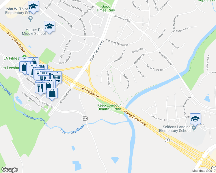 map of restaurants, bars, coffee shops, grocery stores, and more near 19025 Snowberry Court in Leesburg