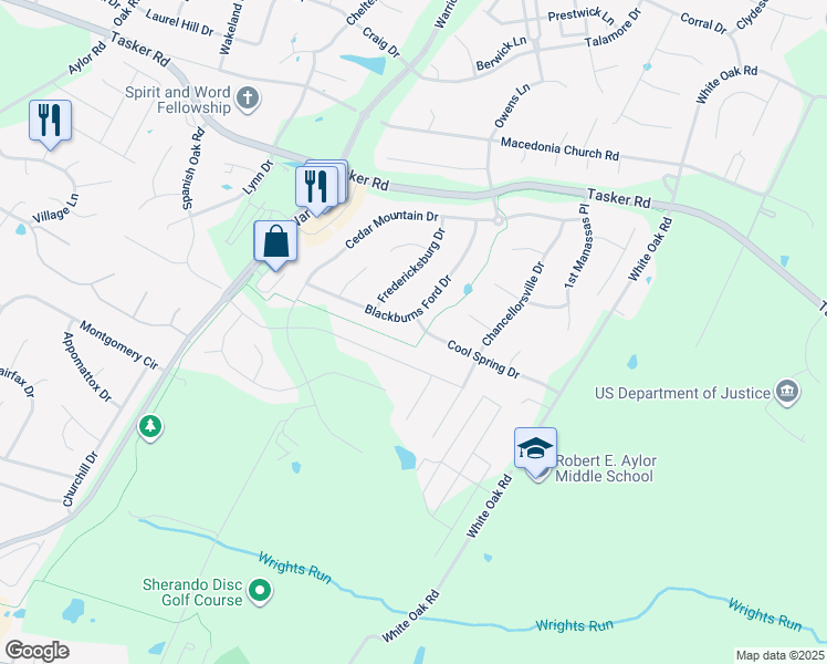 map of restaurants, bars, coffee shops, grocery stores, and more near 219 Cool Spring Drive in Stephens City