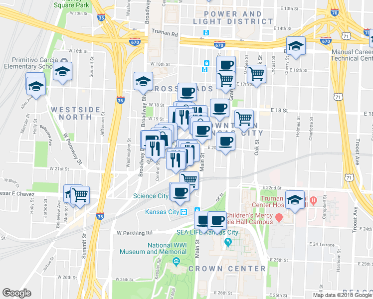 map of restaurants, bars, coffee shops, grocery stores, and more near 2000 Baltimore Avenue in Kansas City