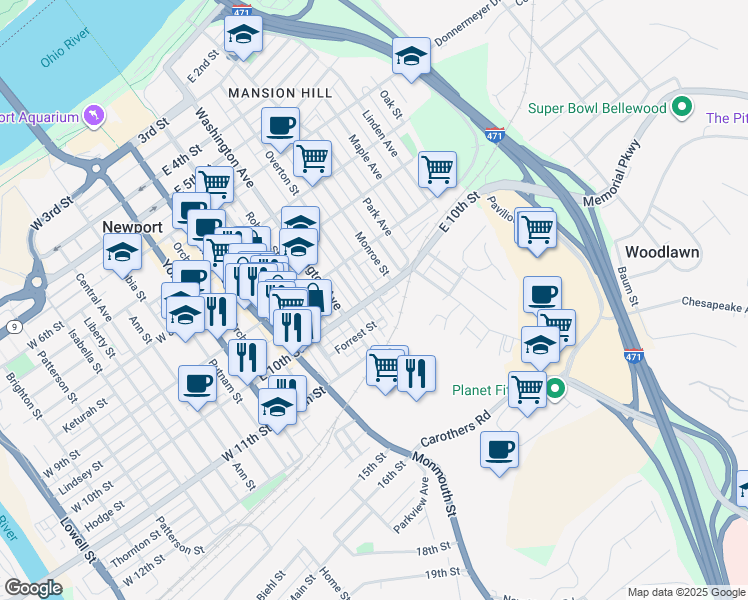 map of restaurants, bars, coffee shops, grocery stores, and more near 1008 Hamlet Street in Newport