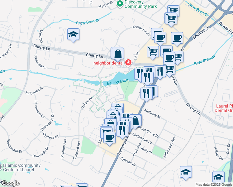 map of restaurants, bars, coffee shops, grocery stores, and more near 8220 Marymont Drive in Laurel