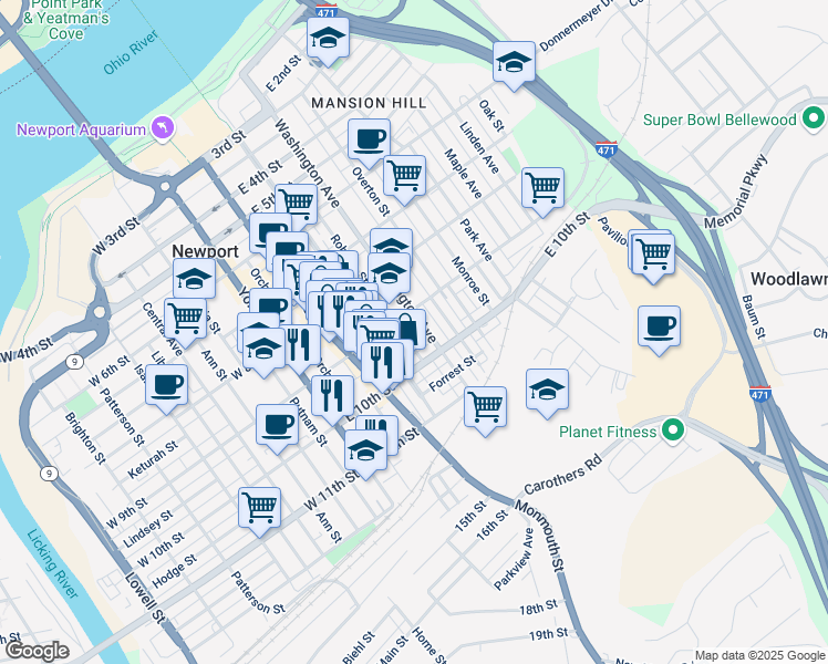 map of restaurants, bars, coffee shops, grocery stores, and more near 933 Roberts Street in Newport