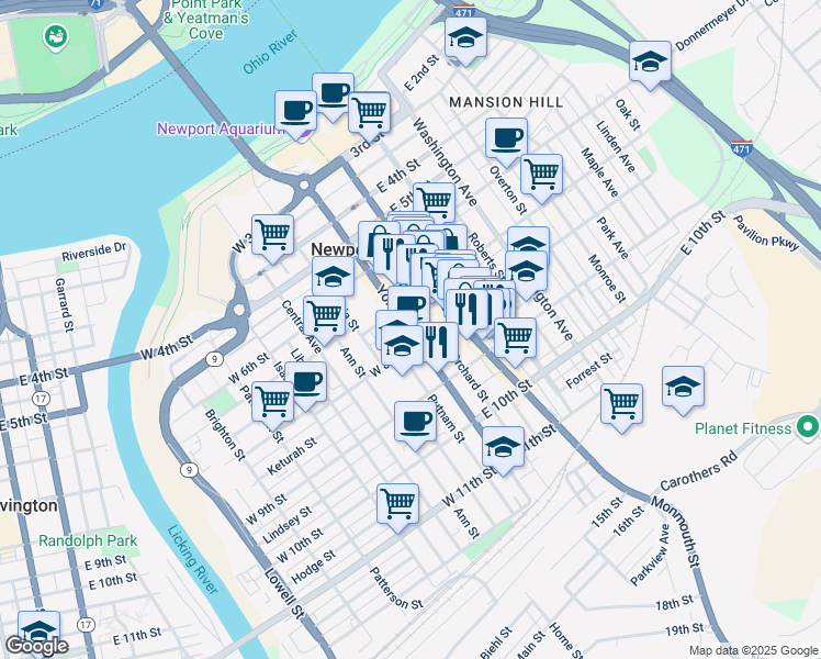 map of restaurants, bars, coffee shops, grocery stores, and more near 15 West 8th Street in Newport
