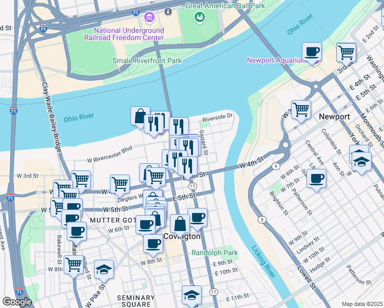 map of restaurants, bars, coffee shops, grocery stores, and more near 309 Garrard Street in Covington
