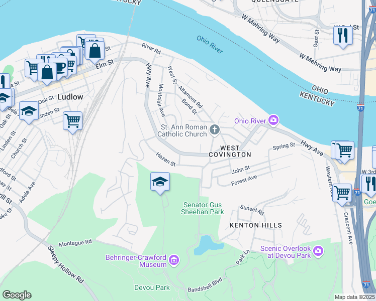 map of restaurants, bars, coffee shops, grocery stores, and more near 1321 Highway Avenue in Covington