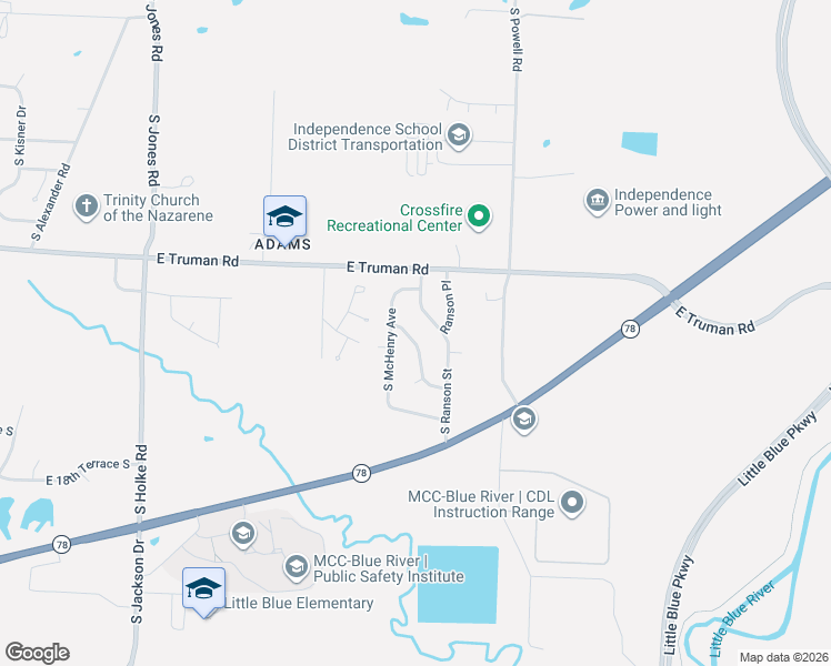 map of restaurants, bars, coffee shops, grocery stores, and more near 20814 East 13th Terrace in Independence