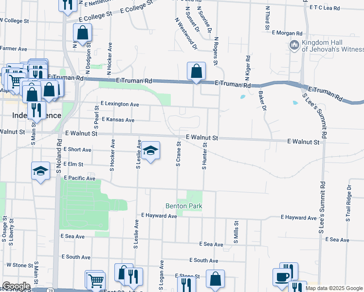 map of restaurants, bars, coffee shops, grocery stores, and more near 319 South Crane Street in Independence