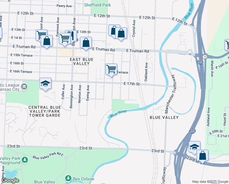 map of restaurants, bars, coffee shops, grocery stores, and more near 1741 Bristol Avenue in Kansas City