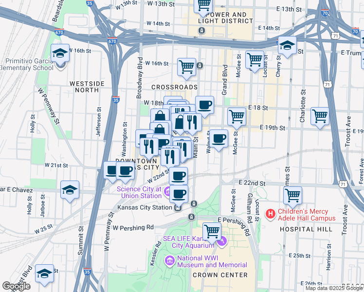 map of restaurants, bars, coffee shops, grocery stores, and more near 2017 Wyandotte Street in Kansas City
