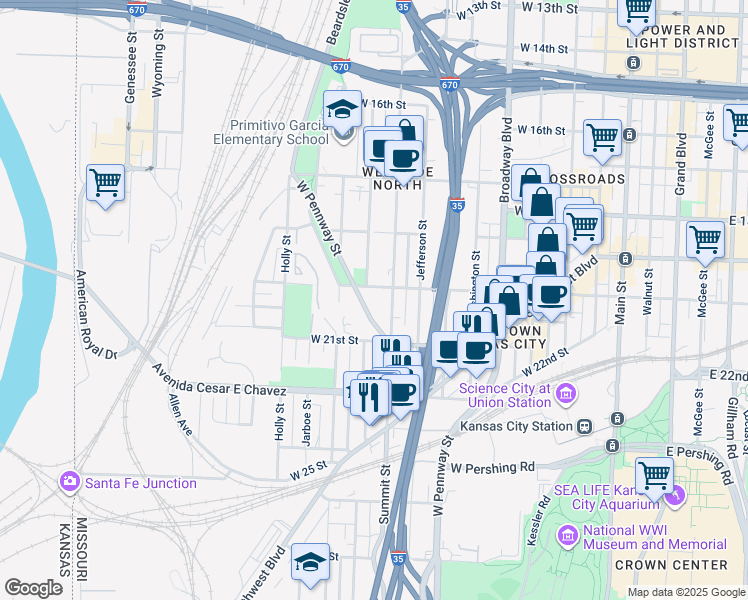 map of restaurants, bars, coffee shops, grocery stores, and more near 2017 West Pennway Street in Kansas City