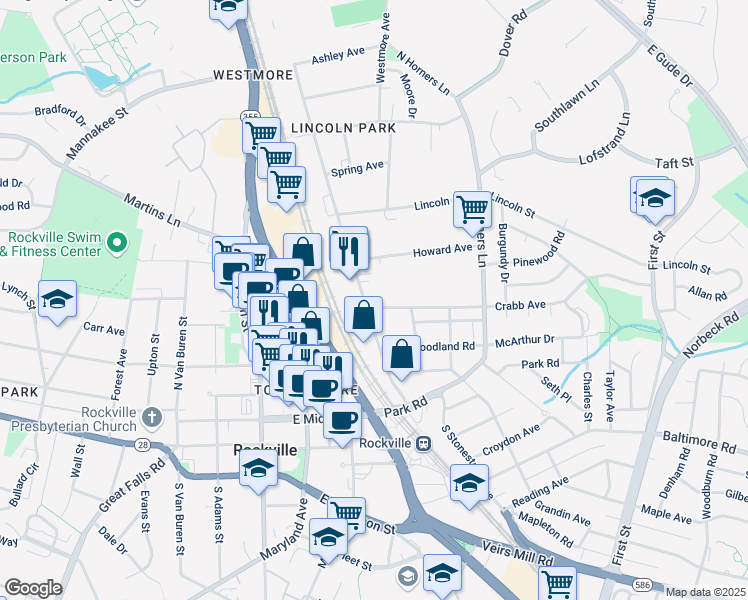 map of restaurants, bars, coffee shops, grocery stores, and more near in Rockville
