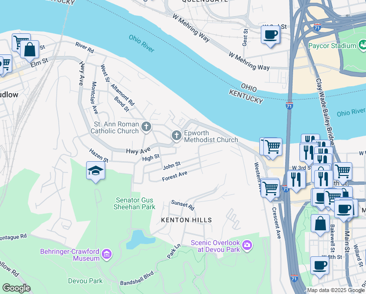 map of restaurants, bars, coffee shops, grocery stores, and more near 1035 Spring Street in Covington