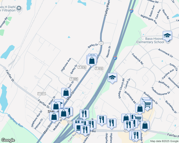 map of restaurants, bars, coffee shops, grocery stores, and more near 5134 Main Street in Stephens City