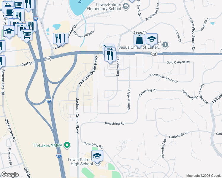map of restaurants, bars, coffee shops, grocery stores, and more near 17636 Quarry Way in Monument