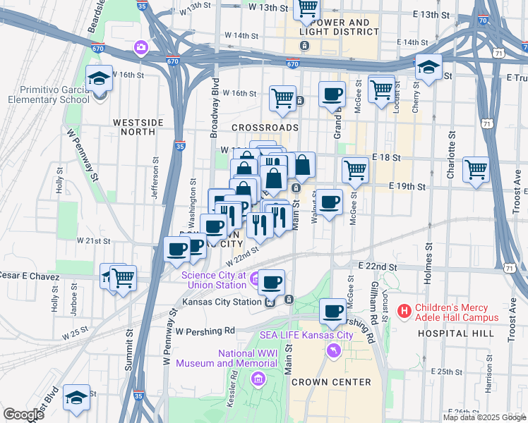 map of restaurants, bars, coffee shops, grocery stores, and more near 117 West 20th Street in Kansas City