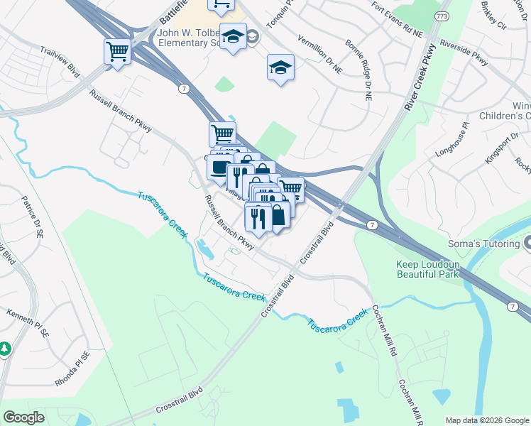 map of restaurants, bars, coffee shops, grocery stores, and more near Dodona Terrace South East & Village Market Boulevard Southeast in Leesburg