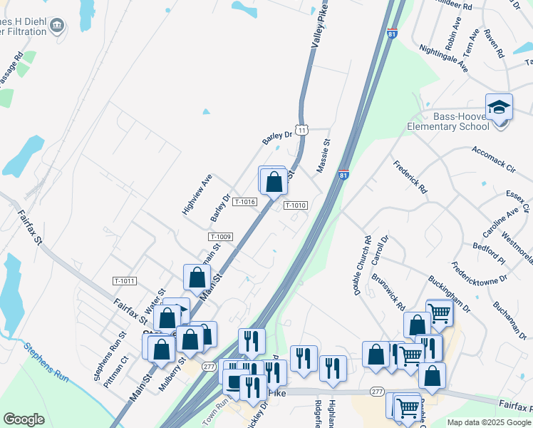 map of restaurants, bars, coffee shops, grocery stores, and more near 5134 Main Street in Stephens City