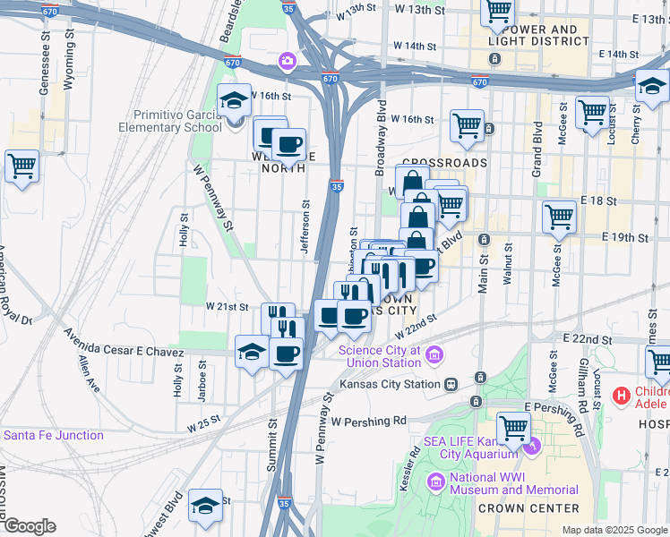map of restaurants, bars, coffee shops, grocery stores, and more near 2021 West Pennsylvania Avenue in Kansas City