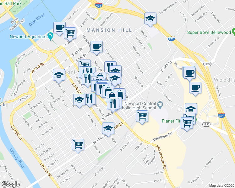map of restaurants, bars, coffee shops, grocery stores, and more near 912 Saratoga Street in Newport