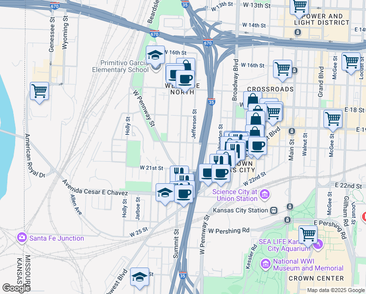map of restaurants, bars, coffee shops, grocery stores, and more near 2022 Jefferson Street in Kansas City