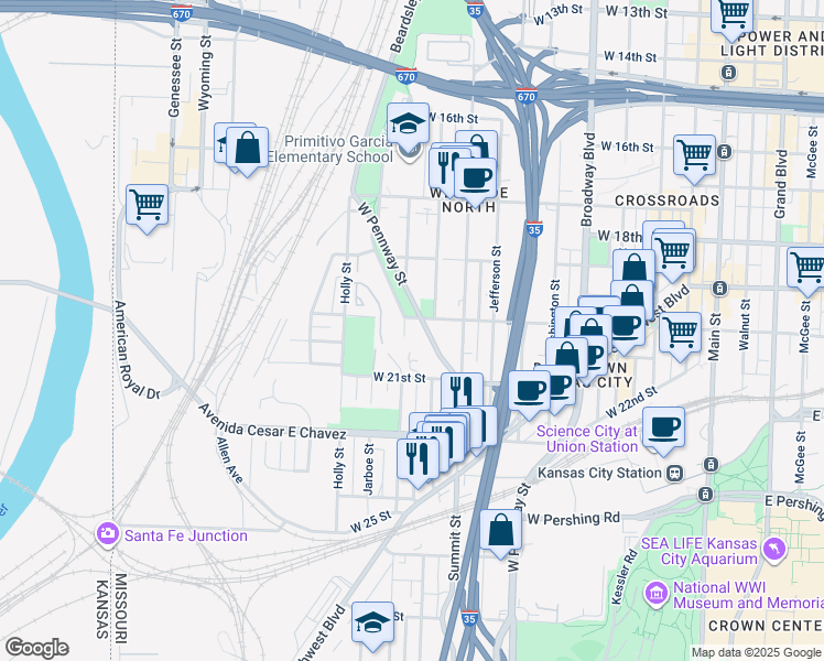 map of restaurants, bars, coffee shops, grocery stores, and more near 2028 West Pennway Terrace in Kansas City