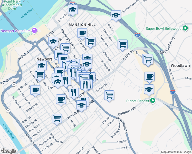 map of restaurants, bars, coffee shops, grocery stores, and more near 933 Roberts Street in Newport