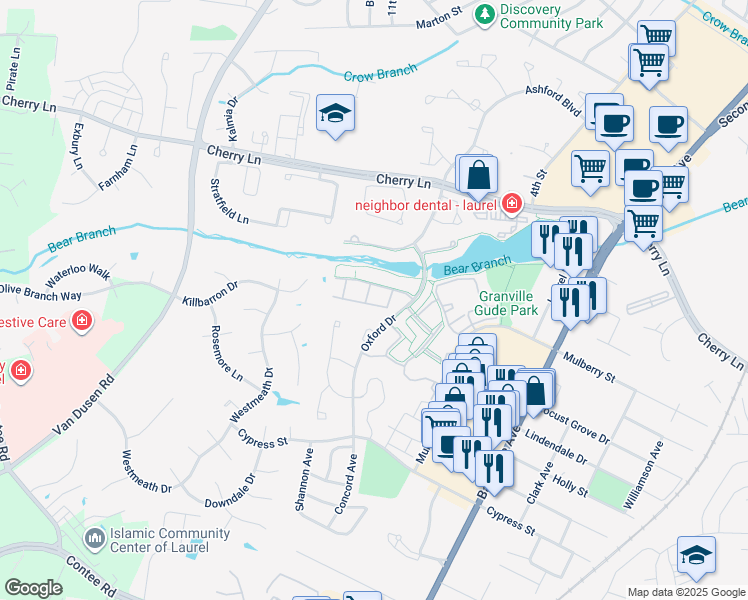 map of restaurants, bars, coffee shops, grocery stores, and more near 14323 South Shore Court in Laurel
