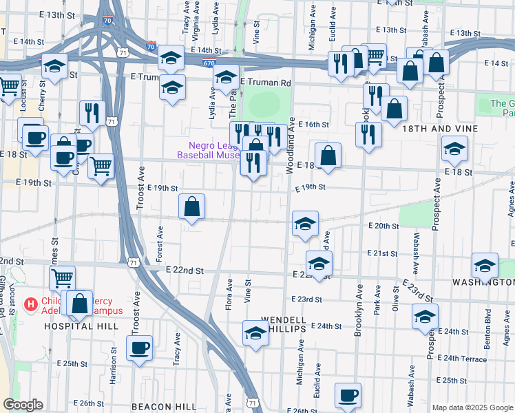 map of restaurants, bars, coffee shops, grocery stores, and more near 1927 Vine Street in Kansas City