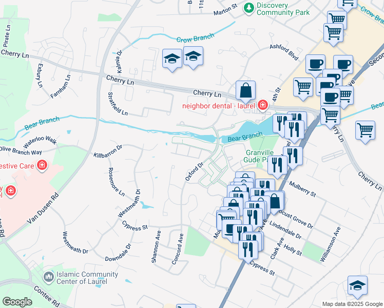 map of restaurants, bars, coffee shops, grocery stores, and more near 14323 South Shore Court in Laurel