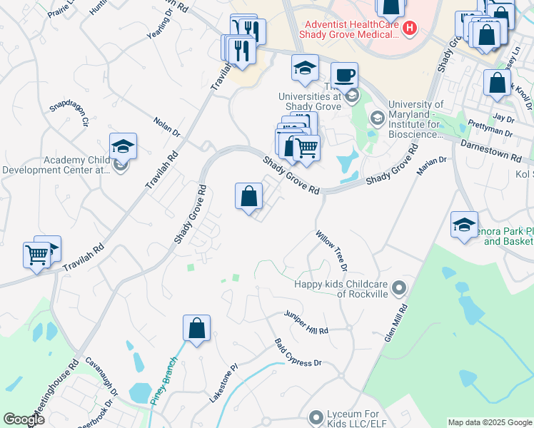 map of restaurants, bars, coffee shops, grocery stores, and more near Stanwood Terrace in Rockville