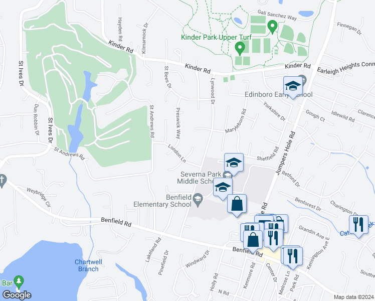 map of restaurants, bars, coffee shops, grocery stores, and more near 374 Grinstead Road in Severna Park