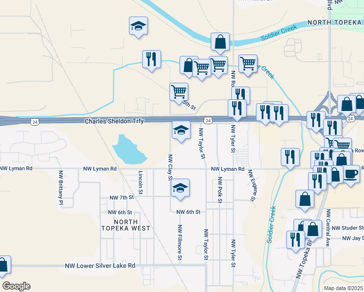 map of restaurants, bars, coffee shops, grocery stores, and more near 1124 Northwest Lyman Road in Topeka