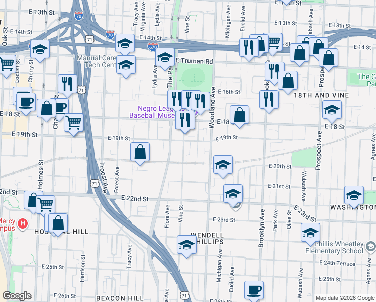 map of restaurants, bars, coffee shops, grocery stores, and more near 1901 Vine Street in Kansas City