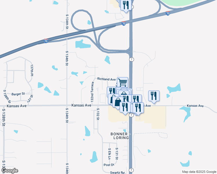 map of restaurants, bars, coffee shops, grocery stores, and more near 51 Richland Avenue in Bonner Springs