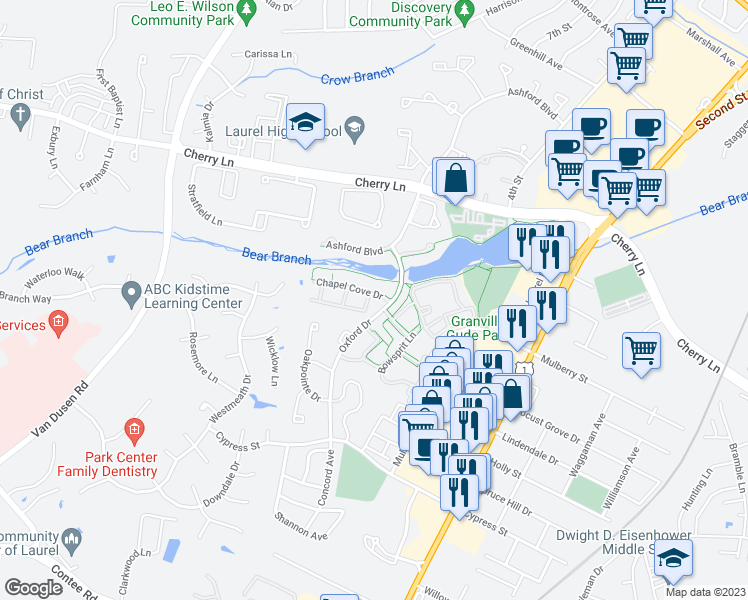 map of restaurants, bars, coffee shops, grocery stores, and more near 14311 Chapel Cove Court in Laurel