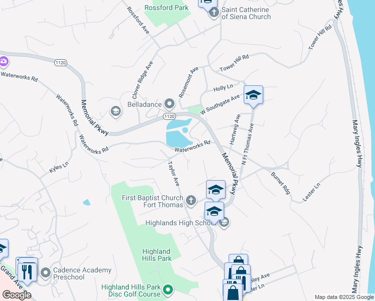 map of restaurants, bars, coffee shops, grocery stores, and more near 200 Waterworks Road in Fort Thomas