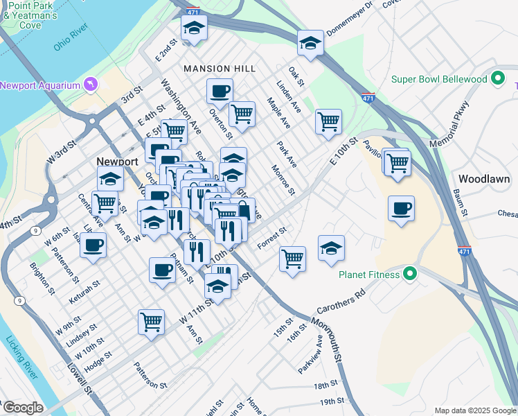 map of restaurants, bars, coffee shops, grocery stores, and more near 933 Roberts Street in Newport
