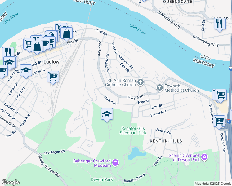 map of restaurants, bars, coffee shops, grocery stores, and more near 210 West Street in Ludlow