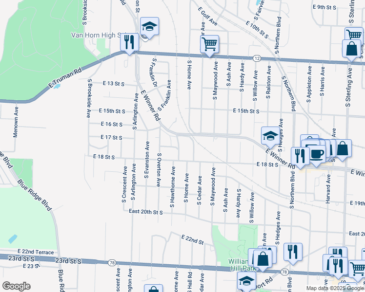 map of restaurants, bars, coffee shops, grocery stores, and more near 1730 Hawthorne Court in Independence
