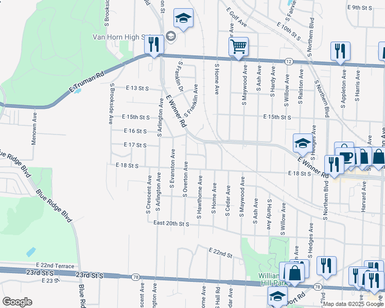map of restaurants, bars, coffee shops, grocery stores, and more near 1720 South Overton Avenue in Independence