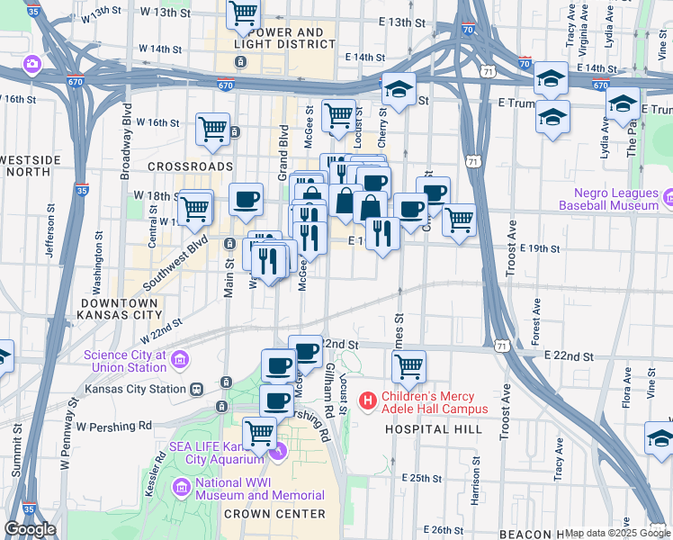 map of restaurants, bars, coffee shops, grocery stores, and more near 1901 Locust Street in Kansas City