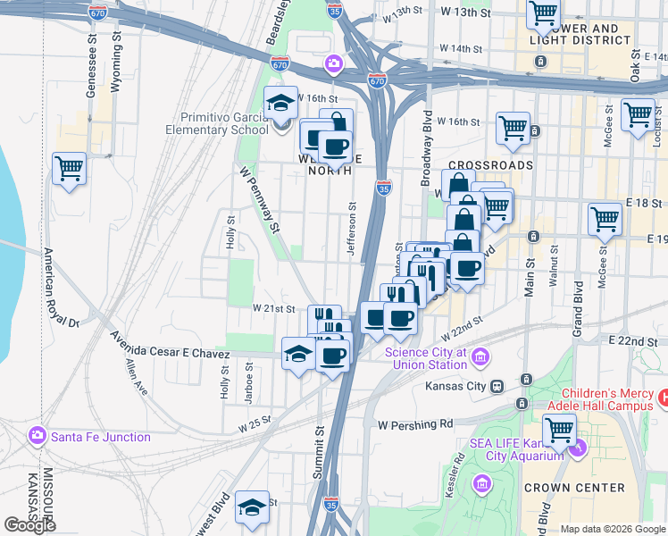 map of restaurants, bars, coffee shops, grocery stores, and more near 2022 Jefferson Street in Kansas City